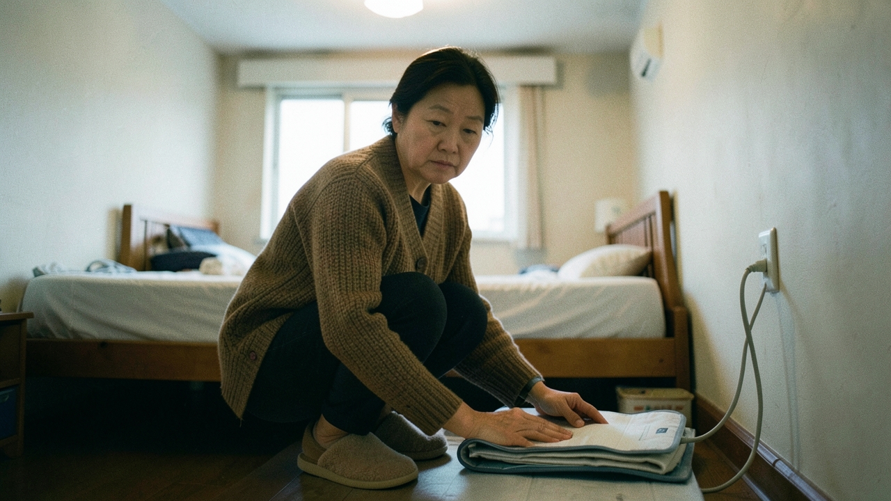 방 안에서 매트 전원선을 확인하는 50대 여성