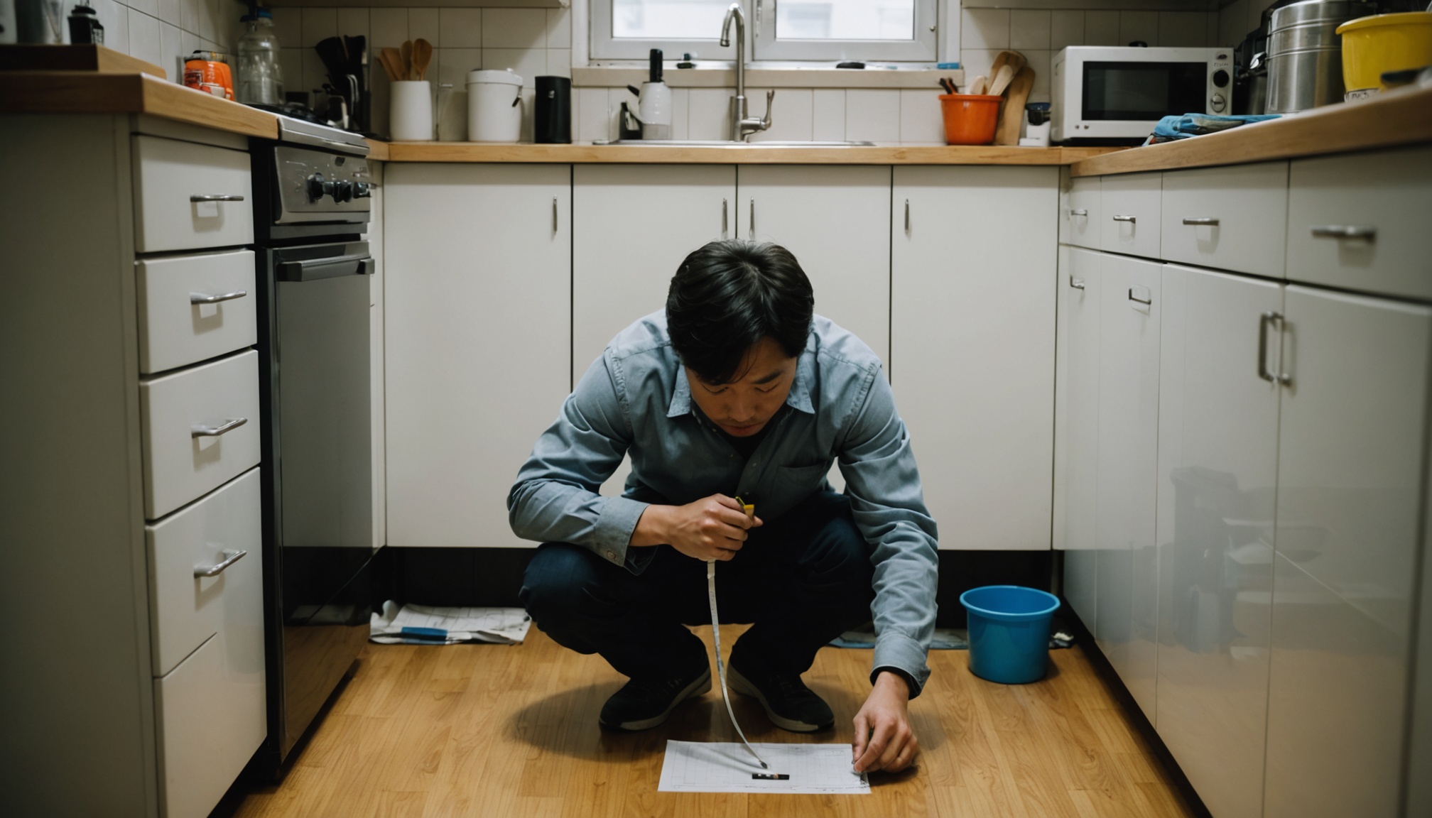 싱크대 하부장의 급수·배수 배관을 확인하는 모습