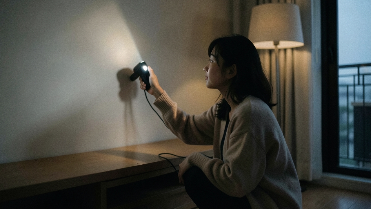 어두운 거실에서 선반 옆에 앉아 소형 프로젝터 각도를 맞추는 30대 여성