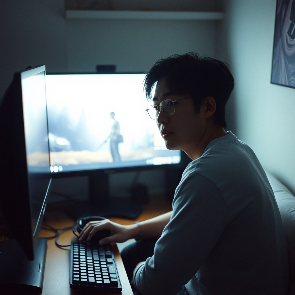 밤에 게임 설치가 끝나기를 기다리는 사용자
