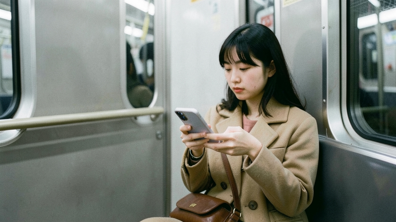 지하철에서 폴더블폰을 펼치는 승객