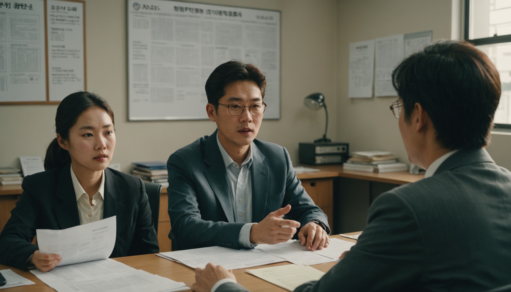 부동산 사무소에서 마주 앉아 조건을 설명하는 중개인과 세입자