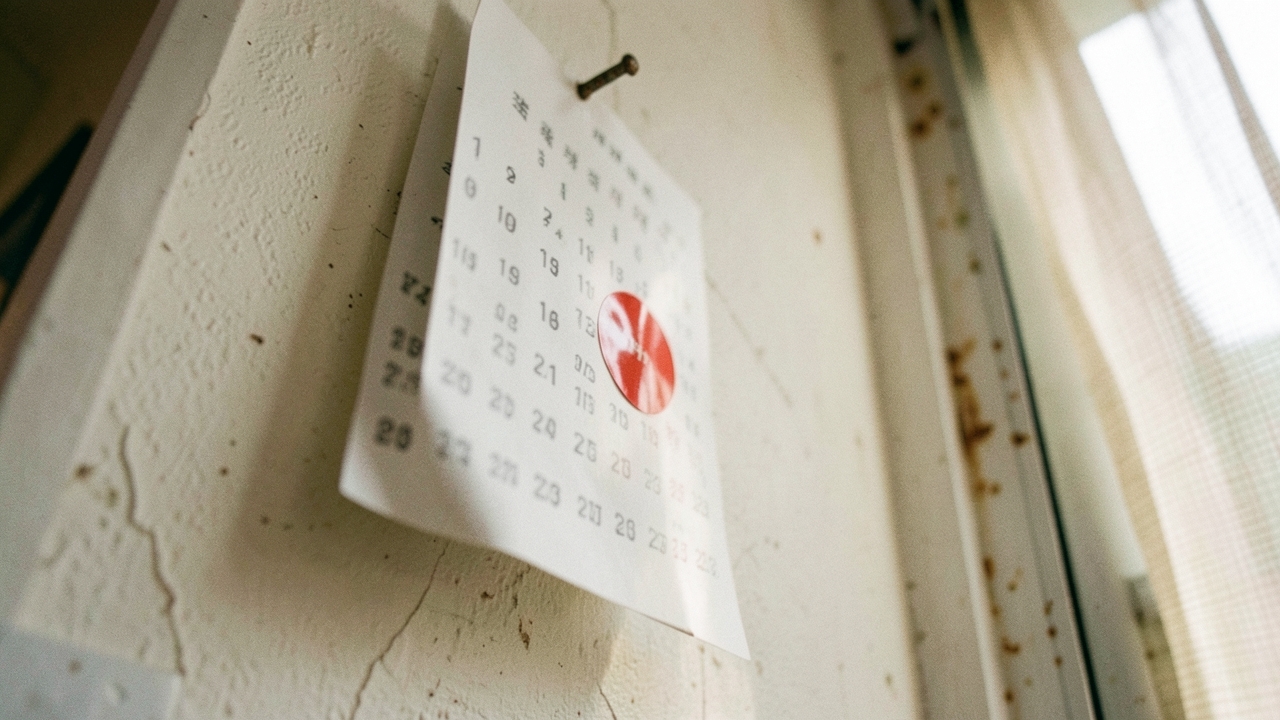 주방 벽에 걸린 달력에 표시된 날짜