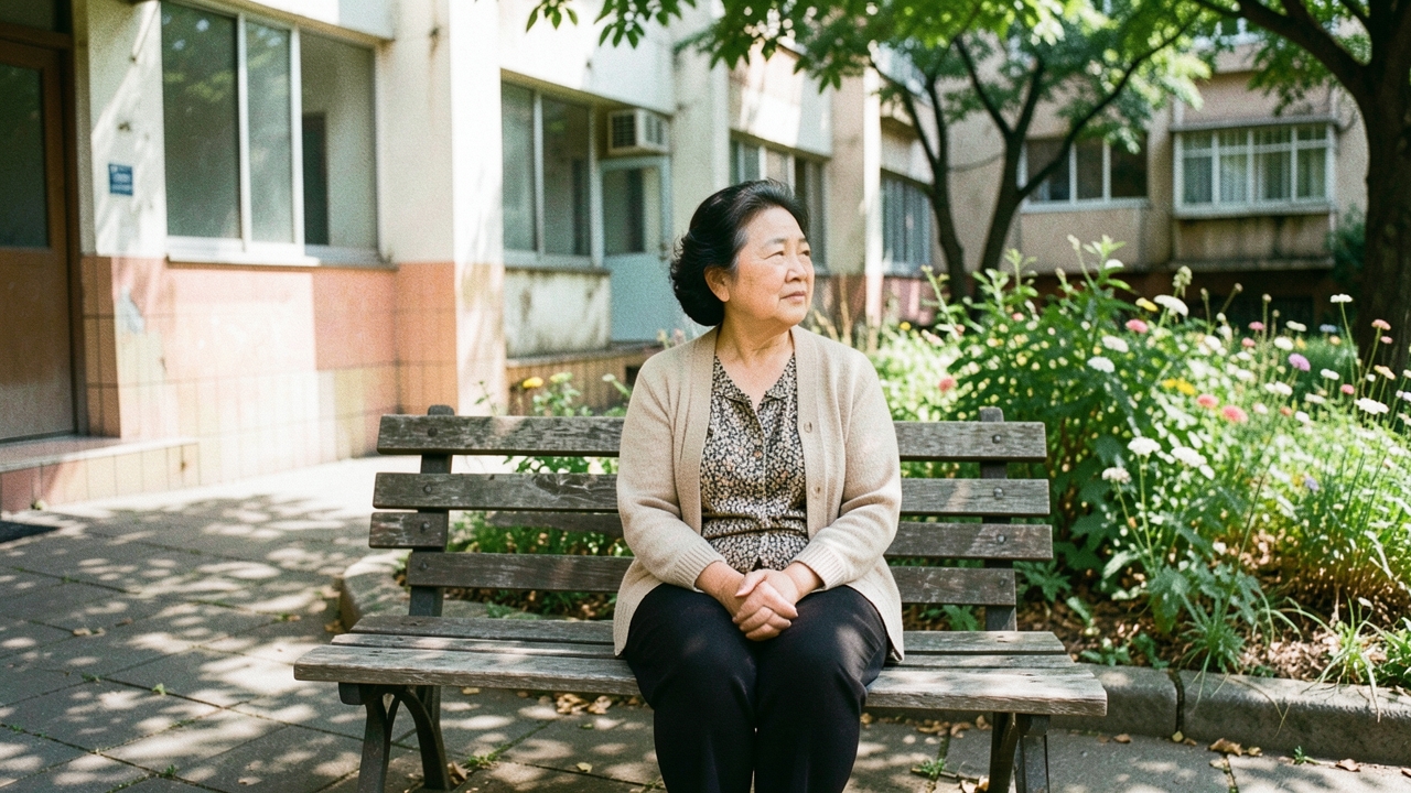 노후 아파트 단지 안 벤치에 앉아 있는 60대 여성