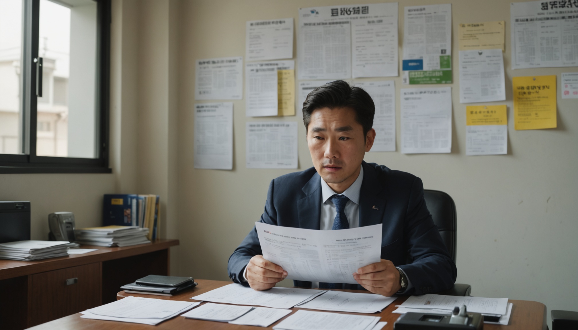 부동산 사무실에서 계약 서류와 등기 서류를 대조하는 모습