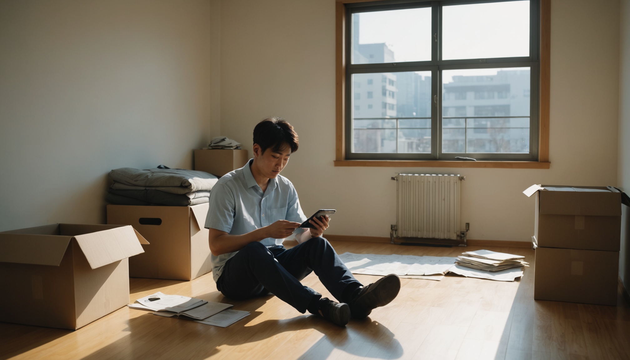 이사 전 빈집에서 서류와 스마트폰을 확인하는 세입자