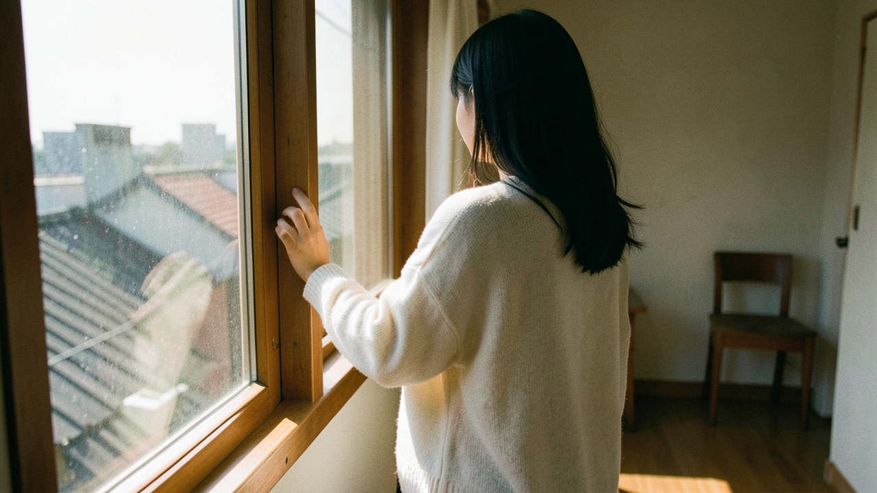 원룸 창가에 서서 동네를 바라보는 20대 후반 여성