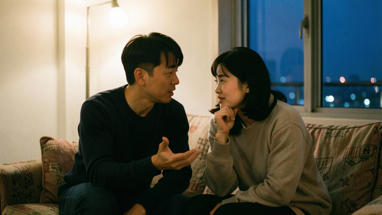 거실 소파에서 이야기를 나누는 30대 부부