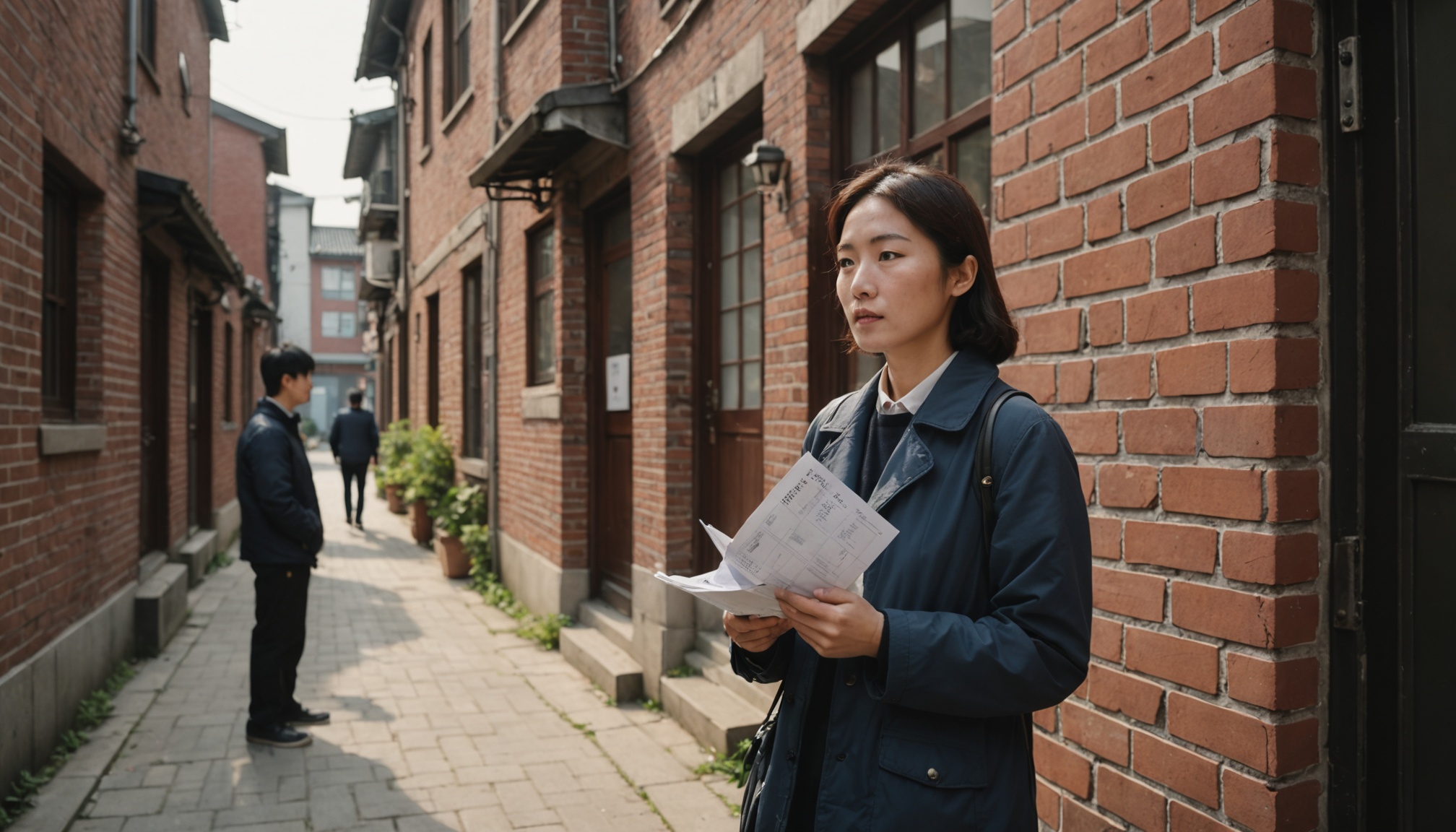 서류를 들고 빌라 건물 입구를 확인하는 모습