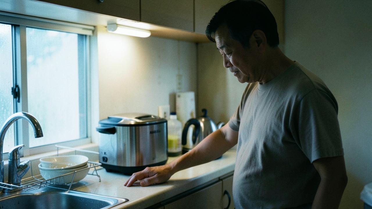 아침 부엌 조리대 앞에 선 중년 남성