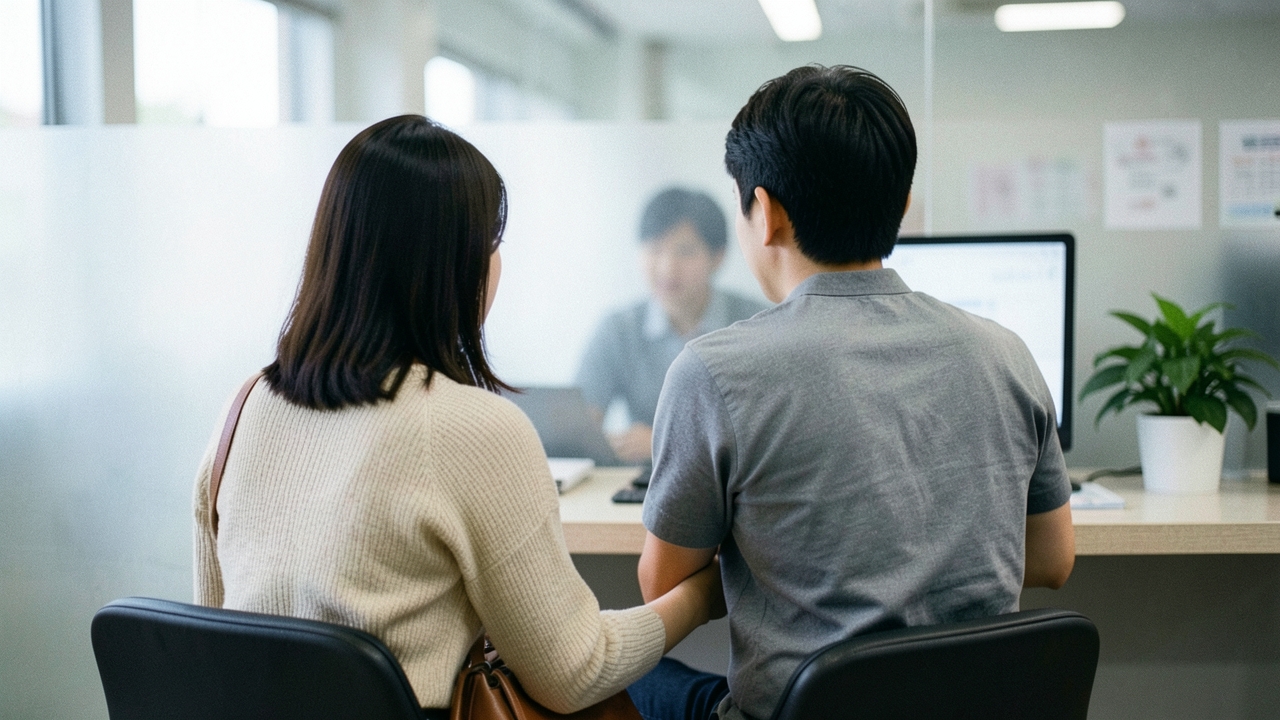 은행 상담 창구에 나란히 앉은 30대 부부의 뒷모습