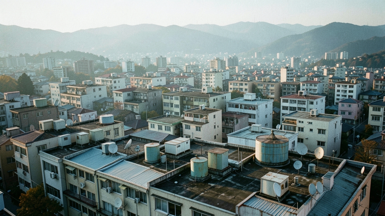 가을 아침 안개 낀 서울 주거지역 옥상 너머 풍경
