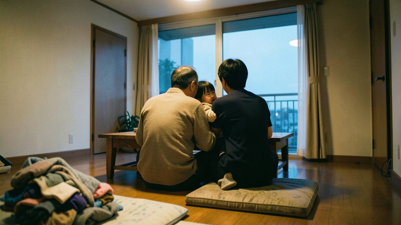저녁 무렵 서울 아파트 거실에서 발코니 쪽을 바라보는 세 식구의 뒷모습