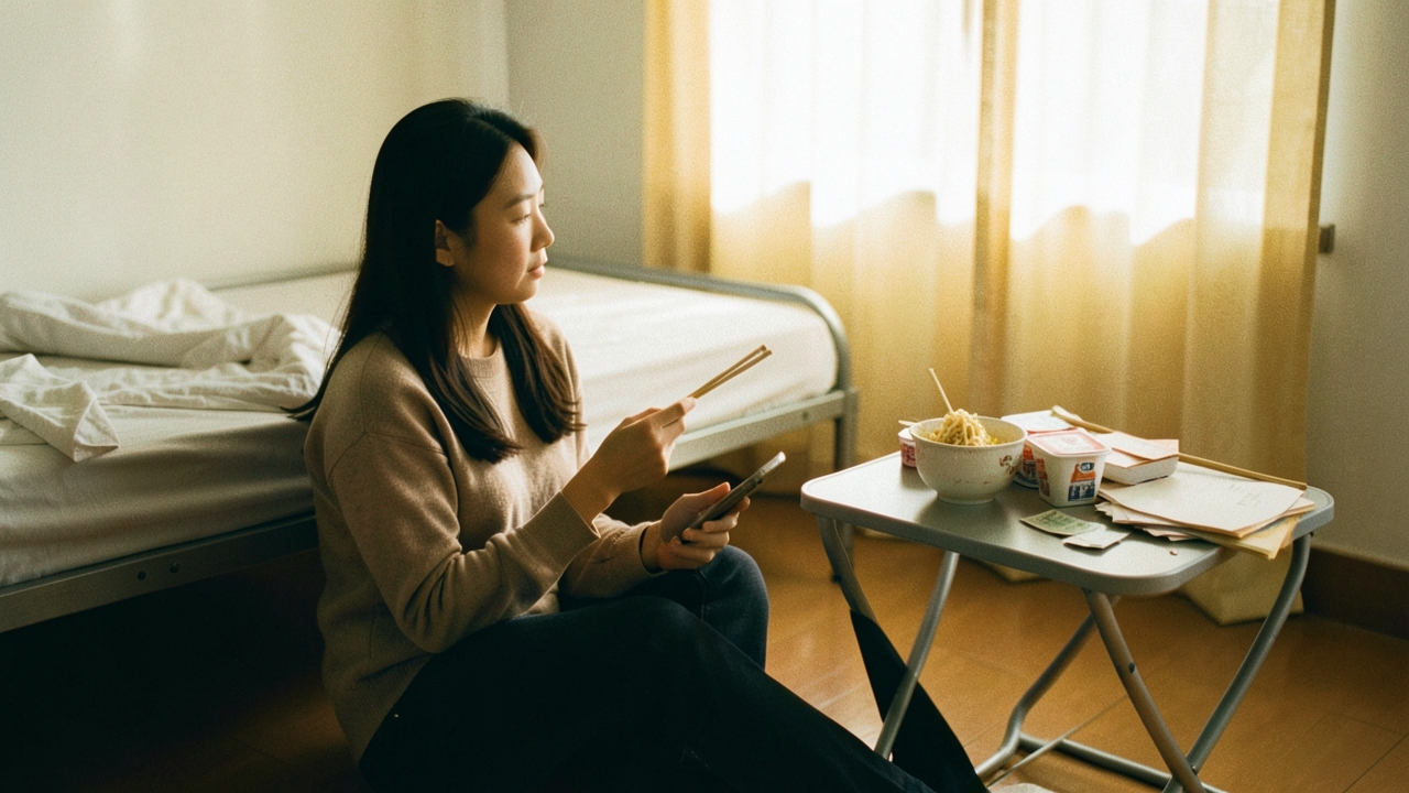 원룸 바닥에 앉아 창밖을 바라보는 30대 초반 여성
