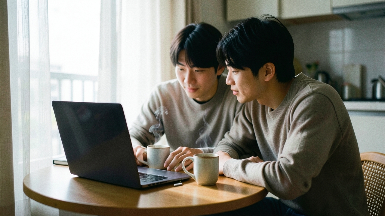 식탁에서 노트북을 함께 보는 30대 초반 부부