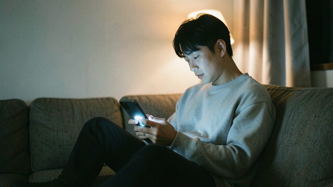 거실 소파에서 스마트폰을 보는 사람