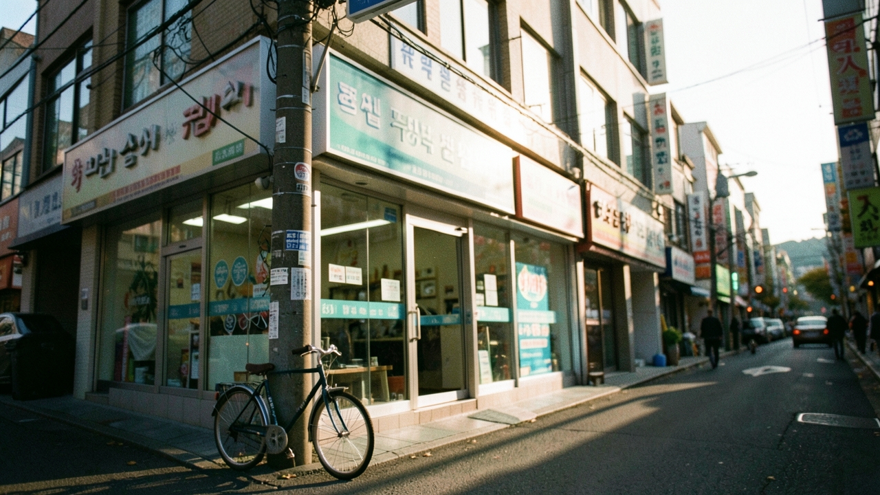 아침 골목의 은행 지점 외관