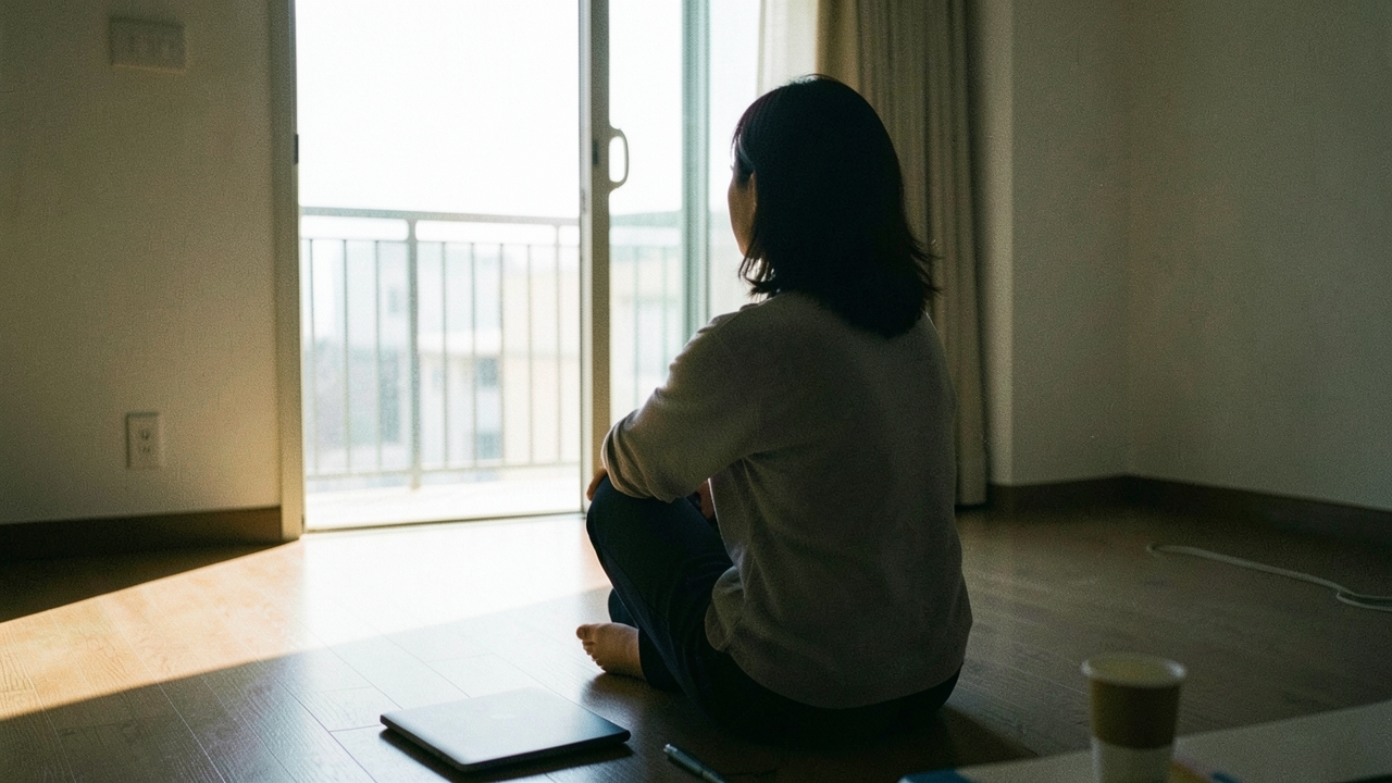 빈 아파트 거실 바닥에 앉아 창을 보는 여성의 뒷모습