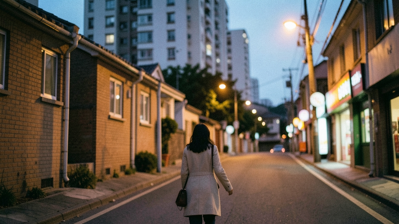 저녁 주택가 오르막을 걸어 올라가는 30대 여성의 뒷모습