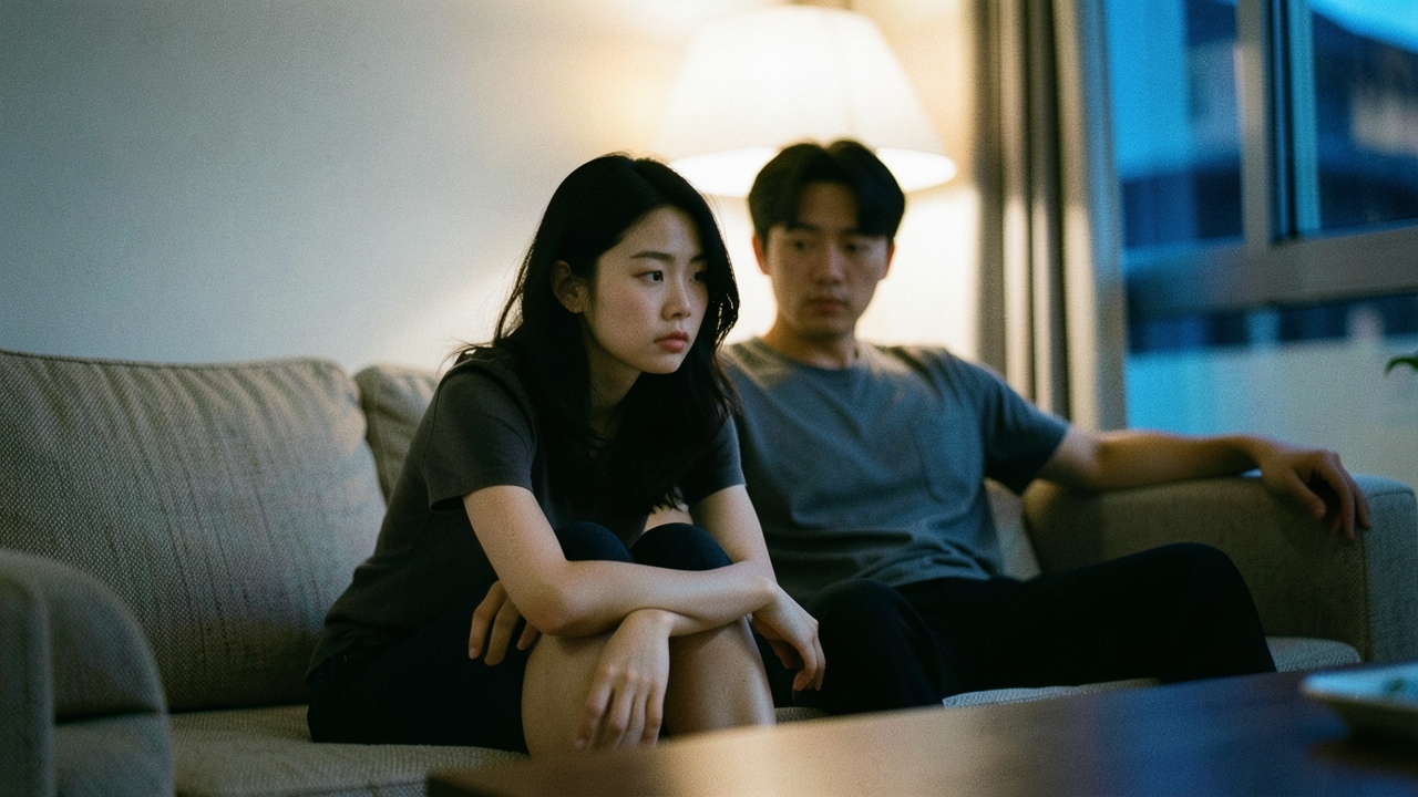 거실 소파에서 대화 중인 30대 부부