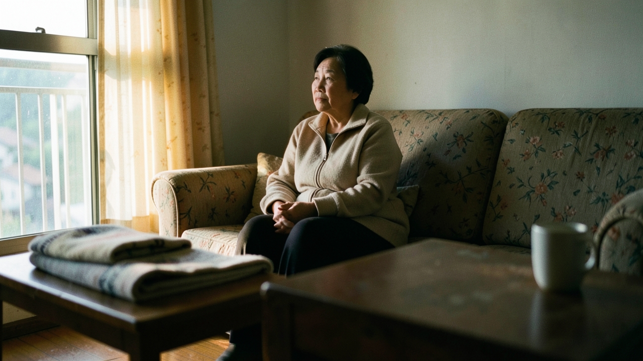 거실 소파에 앉아 창밖을 보는 60대 여성의 측면
