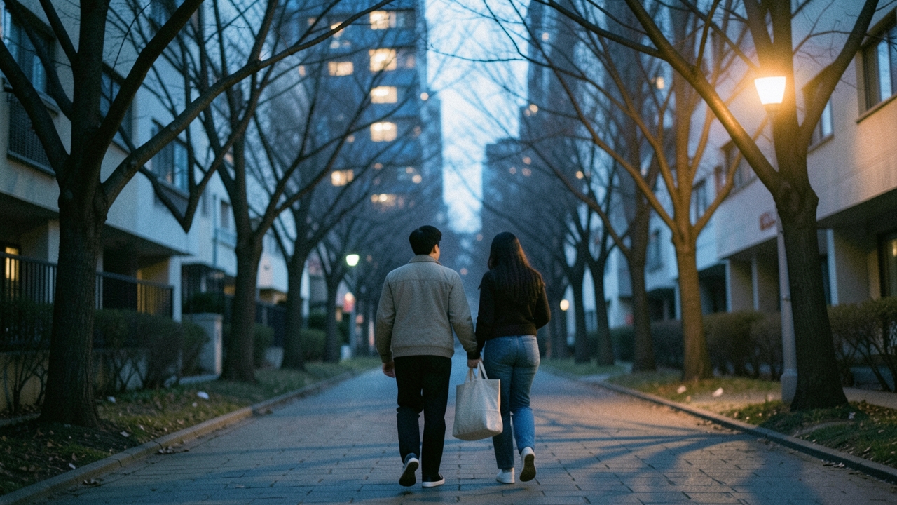 해질 무렵 아파트 단지 산책로를 걷는 30대 부부의 뒷모습