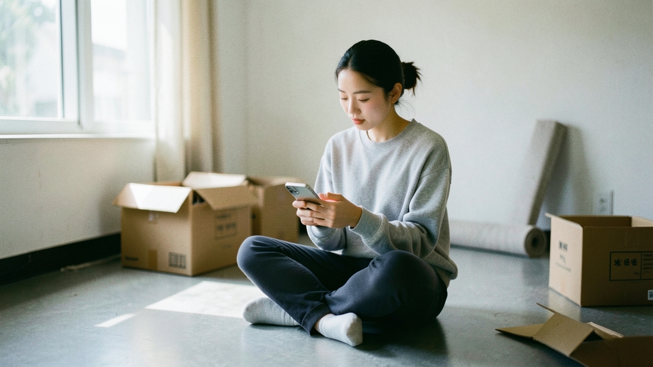 이삿짐 상자 사이에서 휴대폰을 보는 30대 여성