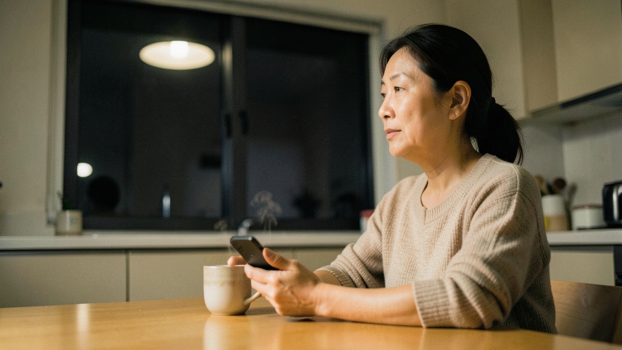 저녁 식탁에 앉아 생각에 잠긴 40대 여성