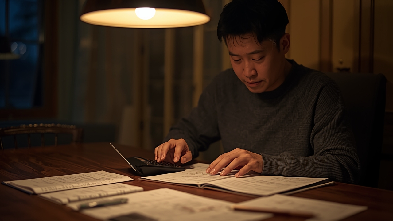 저녁 식탁에서 계산기와 서류로 자금 계획을 세우는 40대 남성