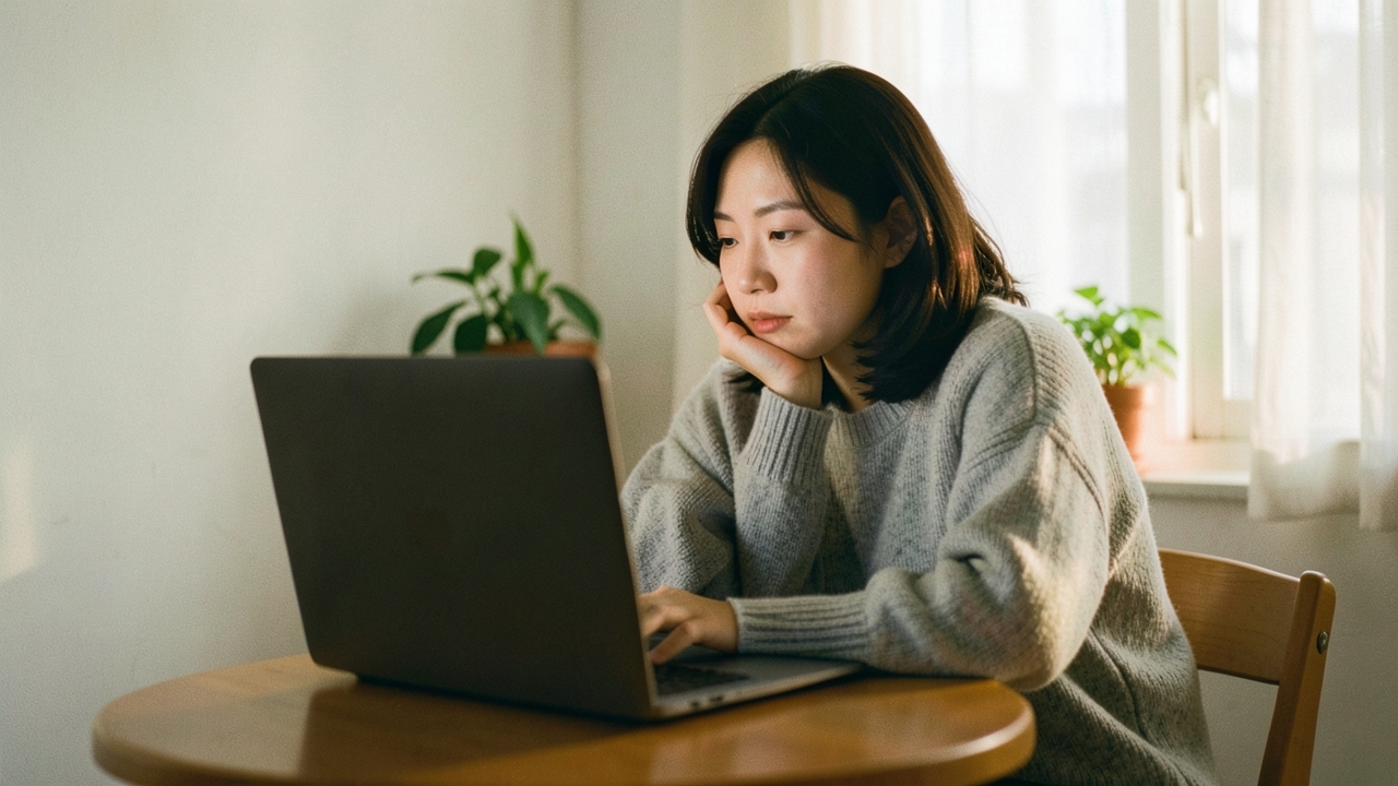 원룸 창가에서 노트북을 보는 세입자