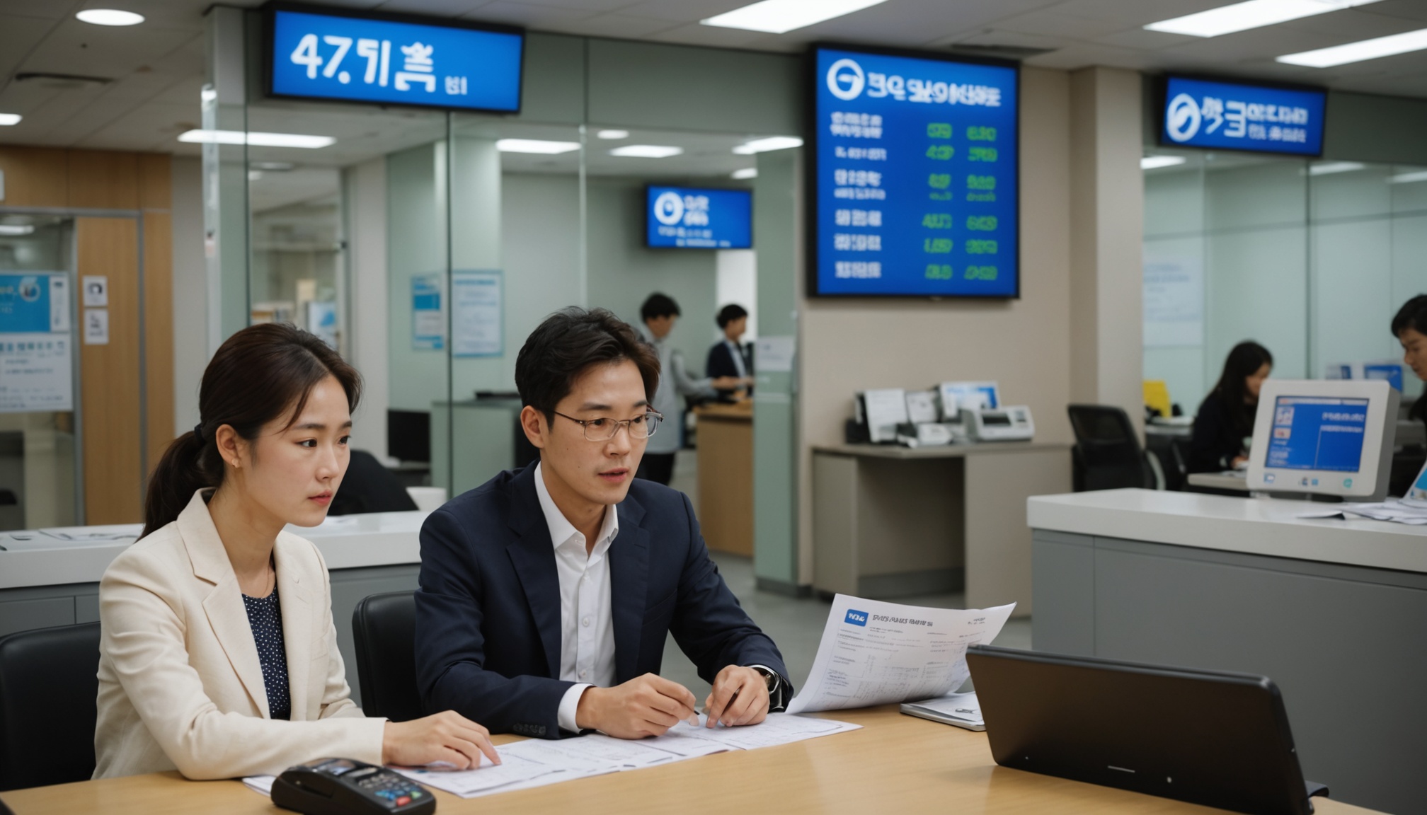 은행 대출 창구에서 유모차를 세워두고 상담받는 부부