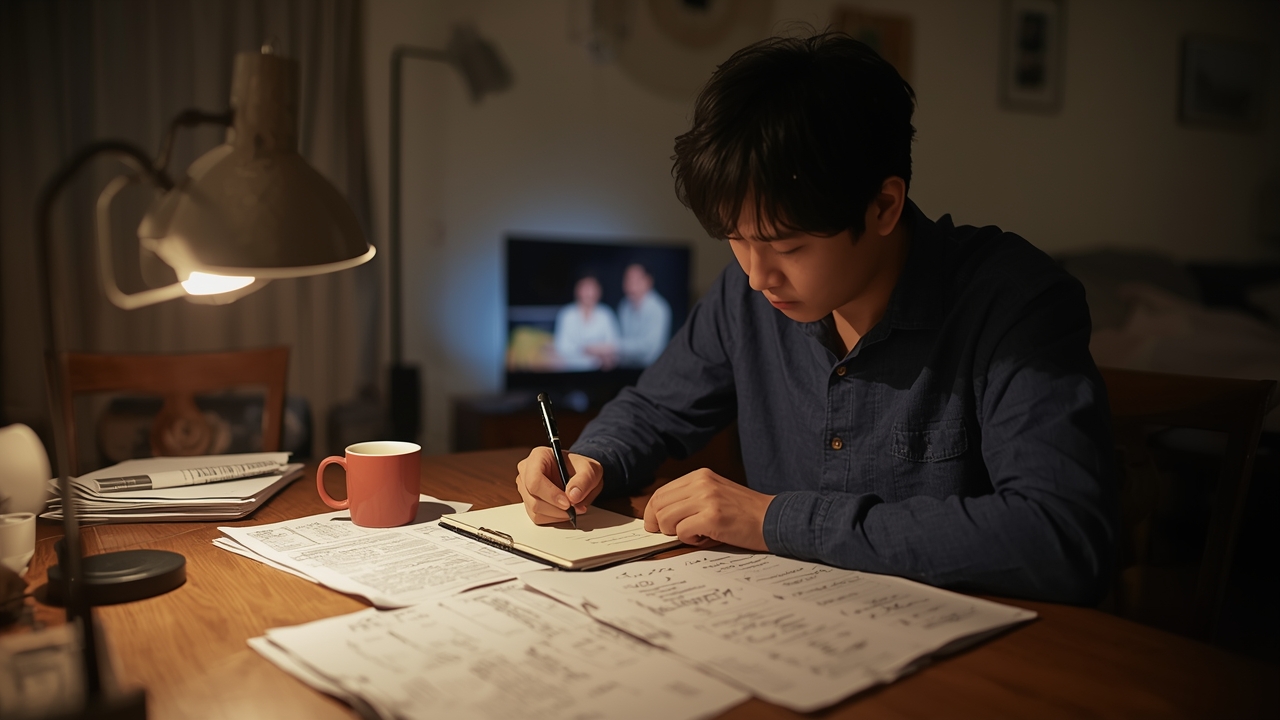 거실에서 청약 준비 체크리스트를 작성하는 모습