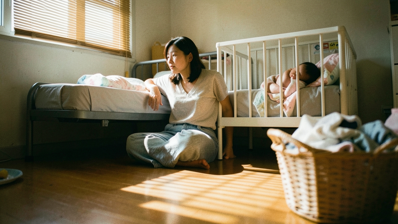 아기가 잠든 방 침대 옆 바닥에 앉아 창을 바라보는 30대 초반 여성 — 특례기간 5년을 앞둔 가구의 시간