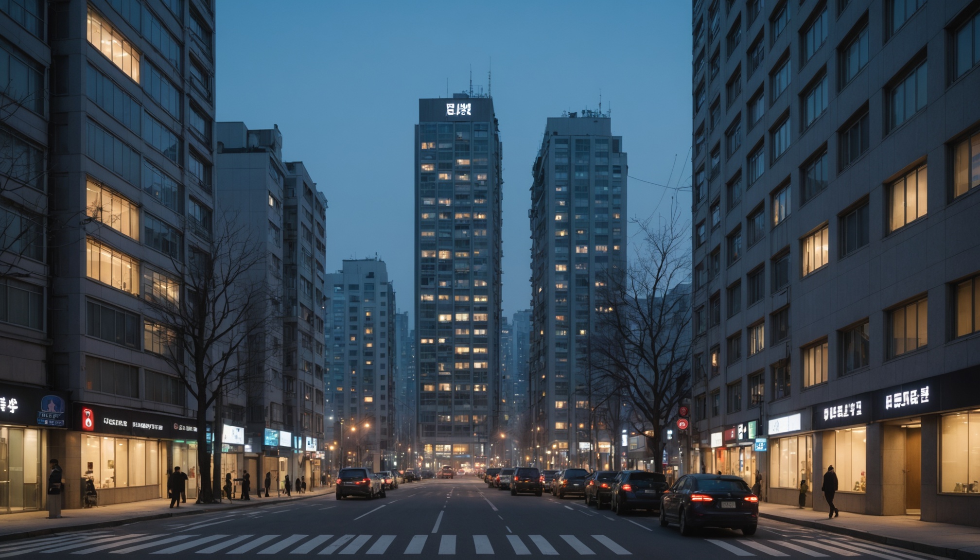 저녁 무렵 불이 켜진 오피스텔 밀집 지역