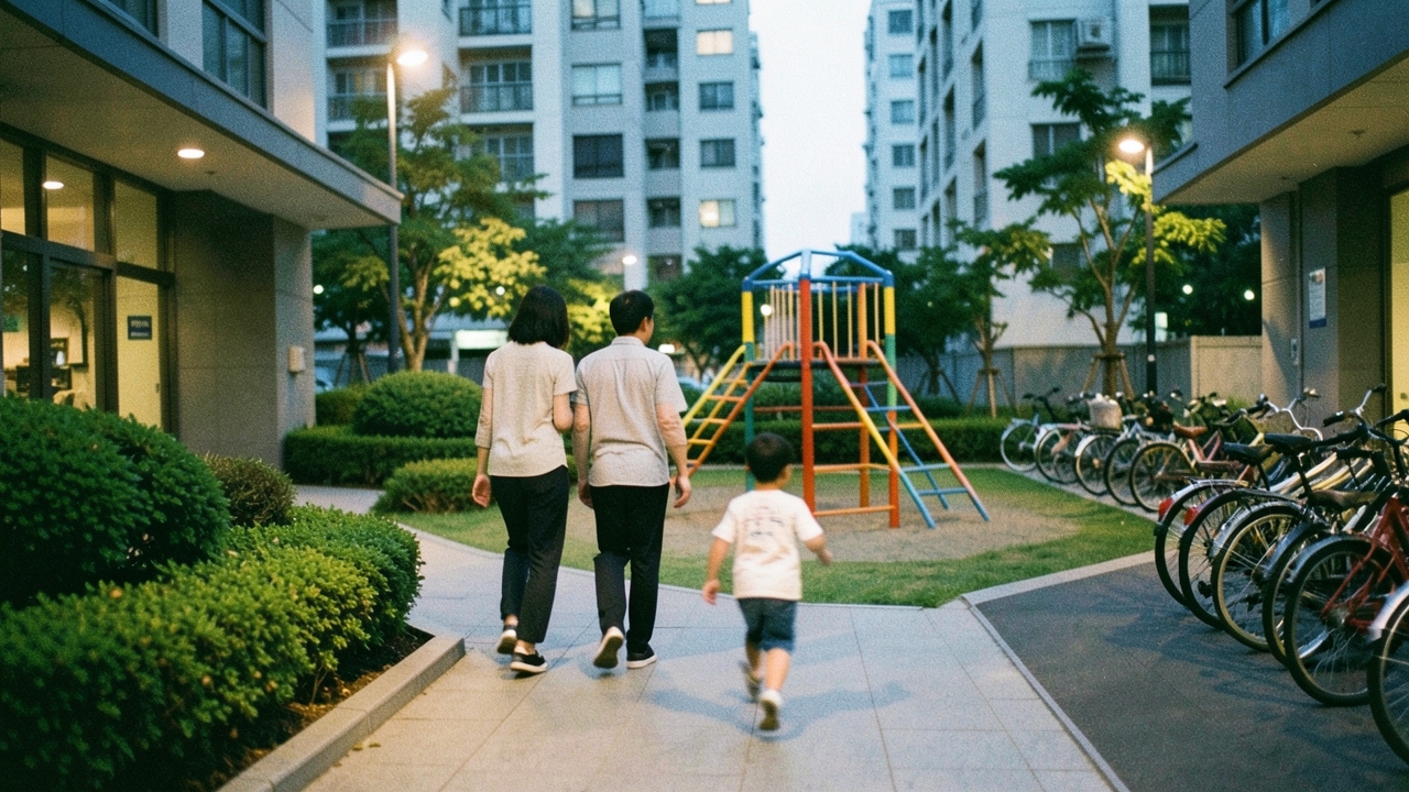 저녁 무렵 아파트 단지 놀이터를 지나는 세 식구