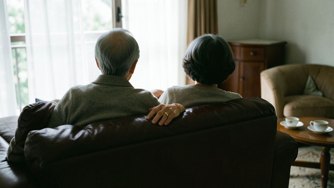 아파트 거실 소파에 나란히 앉아 있는 70대 부부의 뒷모습