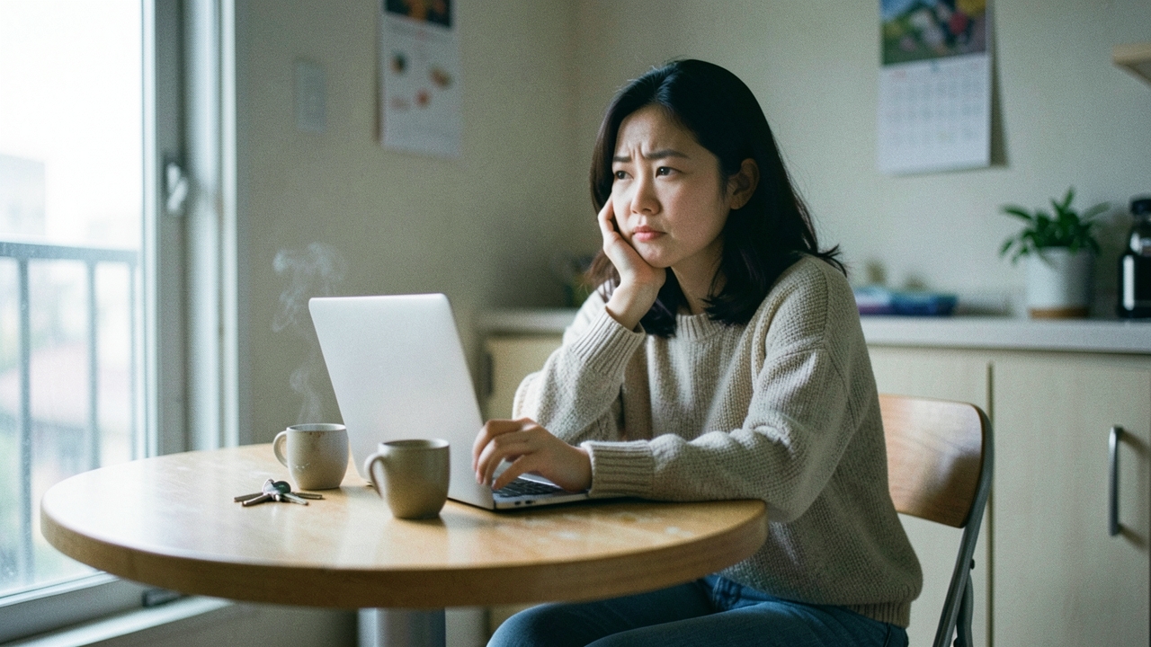 부엌 식탁에 앉아 생각에 잠긴 30대 여성