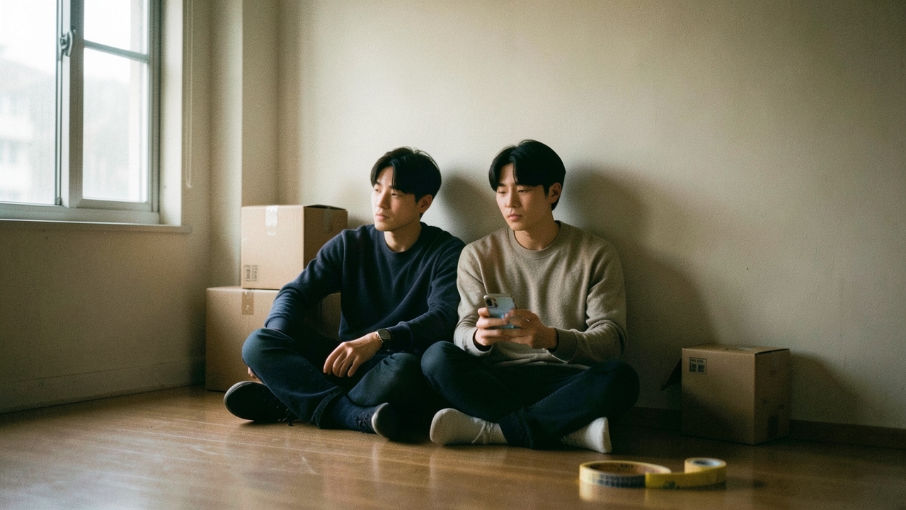 이사 박스가 쌓인 빈 방에 앉은 30대 부부