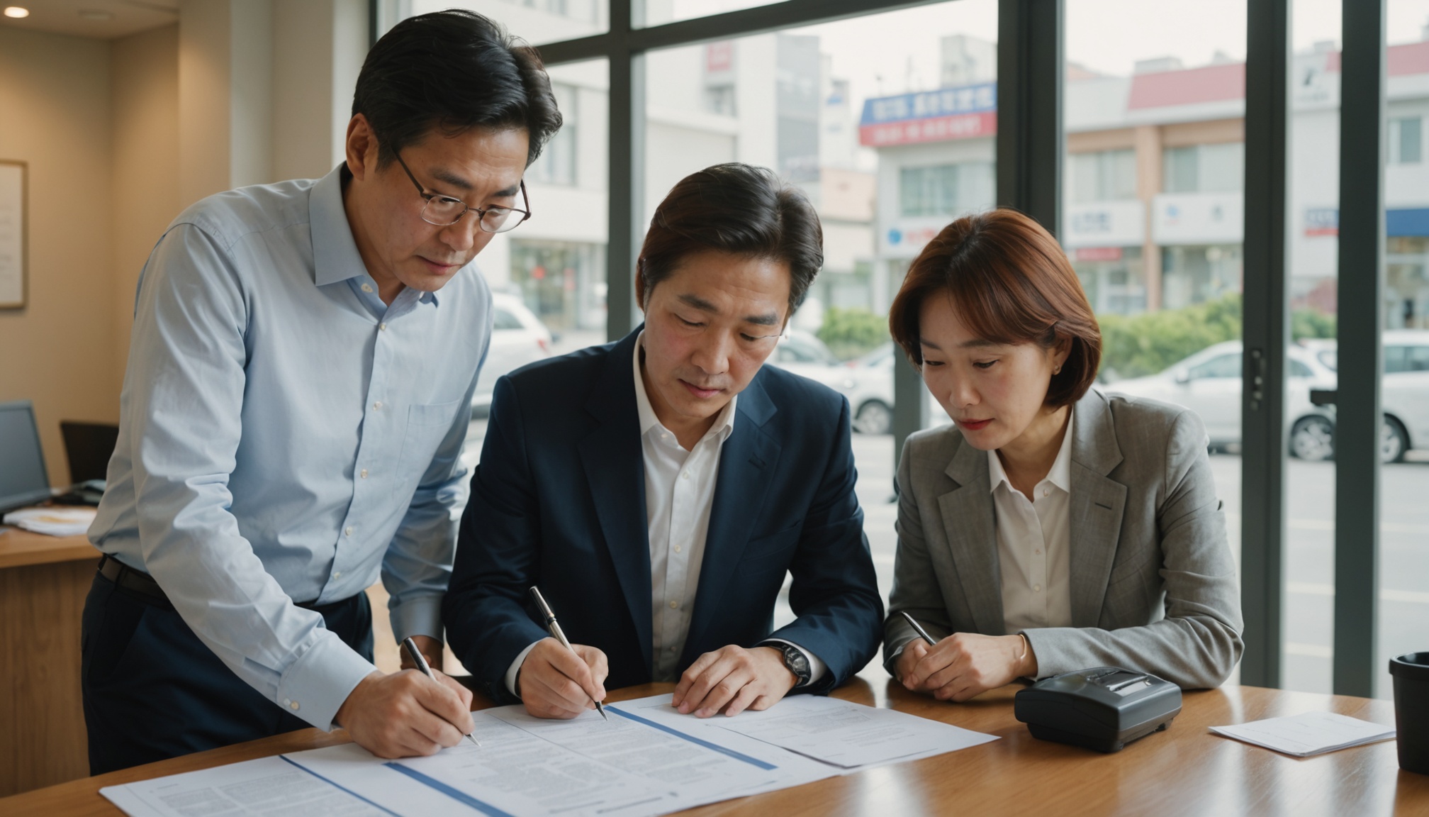 중개사무소에서 잔금일을 조율하며 계약서를 검토하는 부부