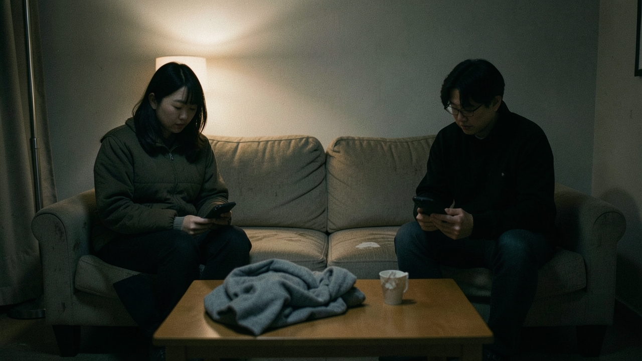저녁 시간 거실 소파에 떨어져 앉은 30대 부부