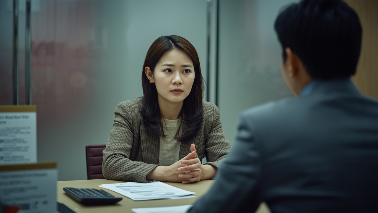 은행 상담 창구에서 자금 계획을 상담하는 30대 여성