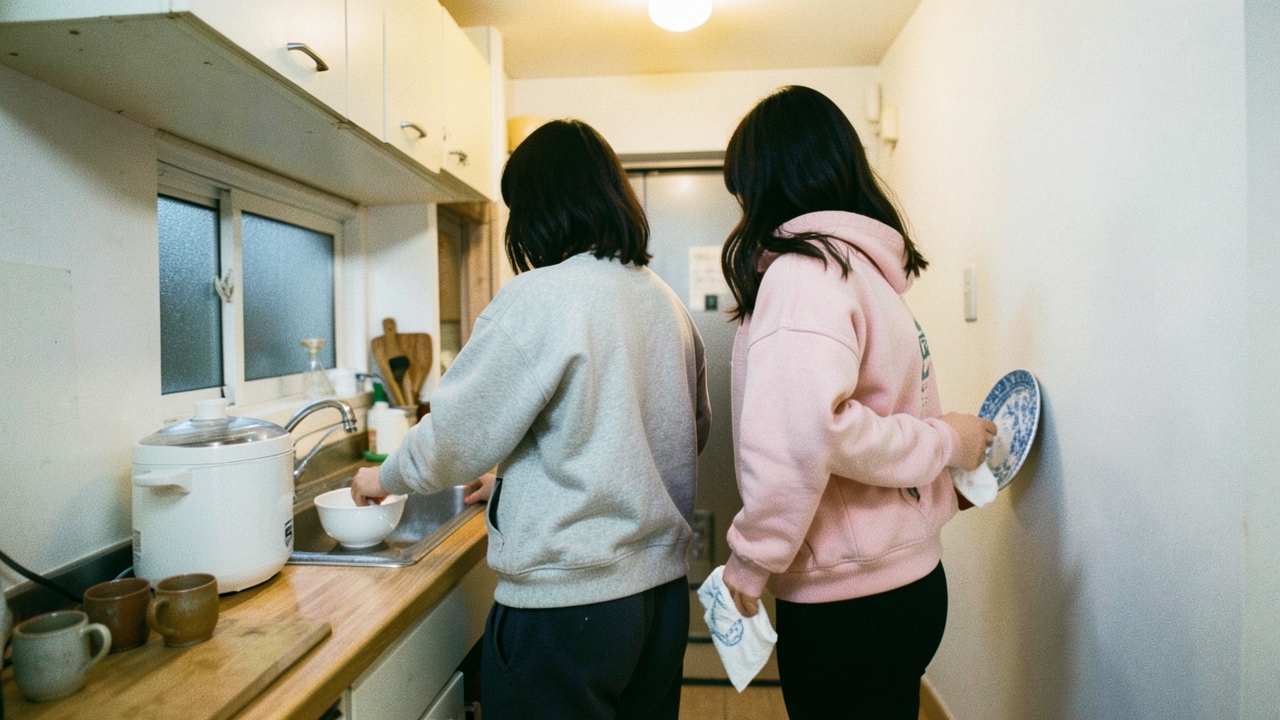 좁은 주방에서 나란히 설거지하는 20대 후반 부부의 뒷모습