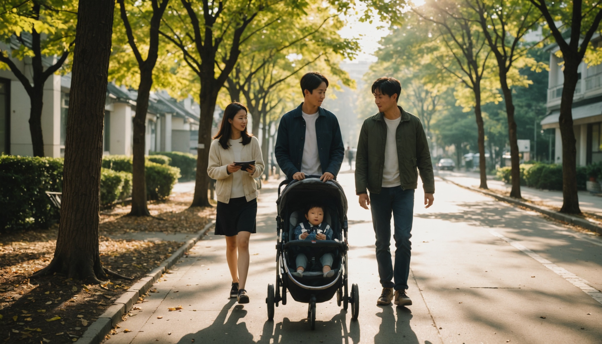 주말 아침 단지 산책로에서 체크리스트를 확인하는 부부