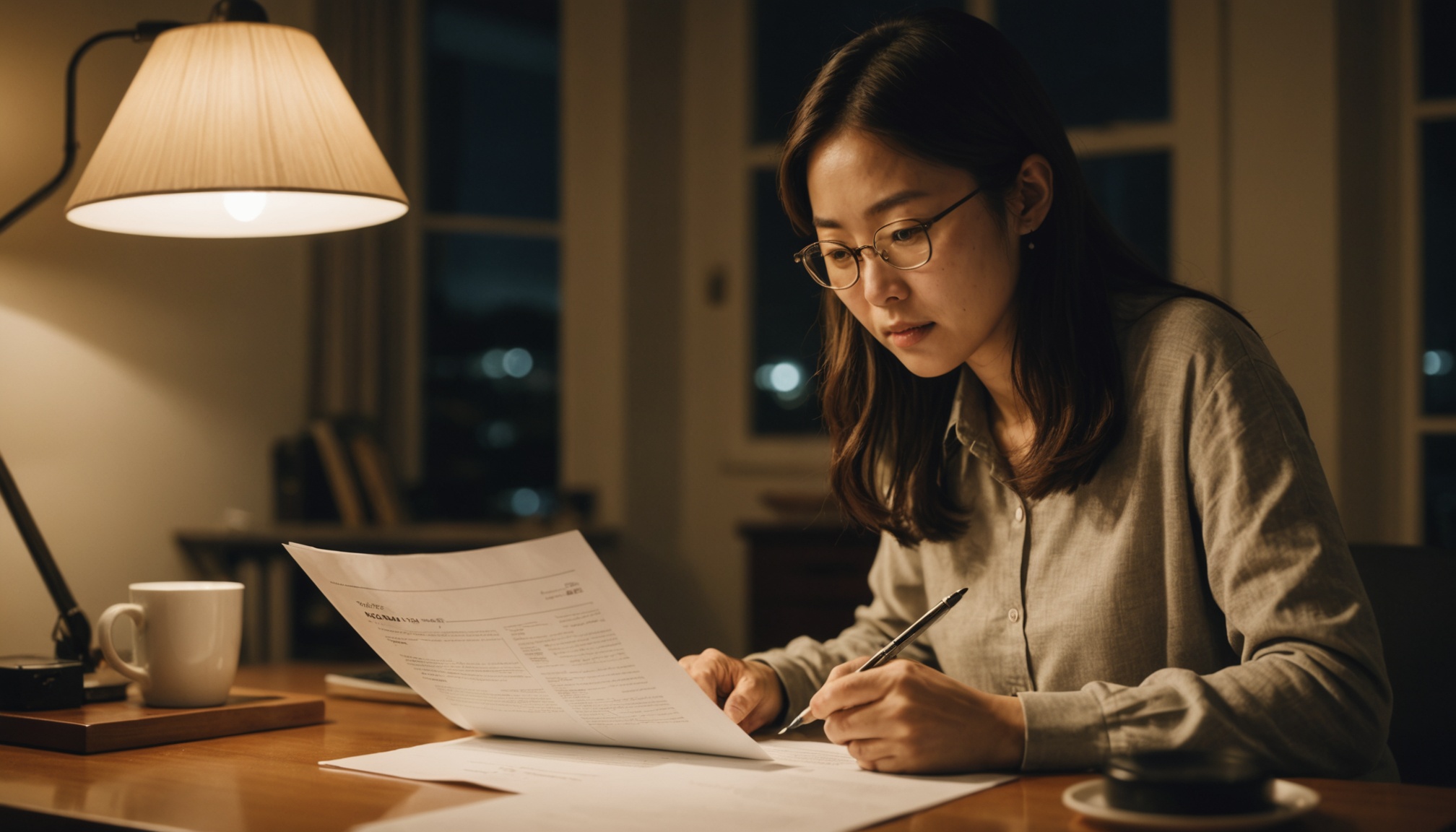 밤 책상에서 전세 계약서를 꼼꼼히 읽어보는 세입자