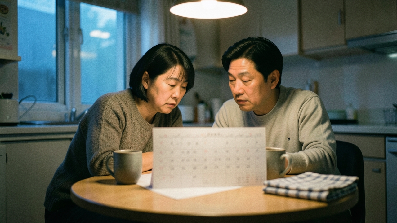 식탁에서 달력을 함께 들여다보는 30대 후반 부부