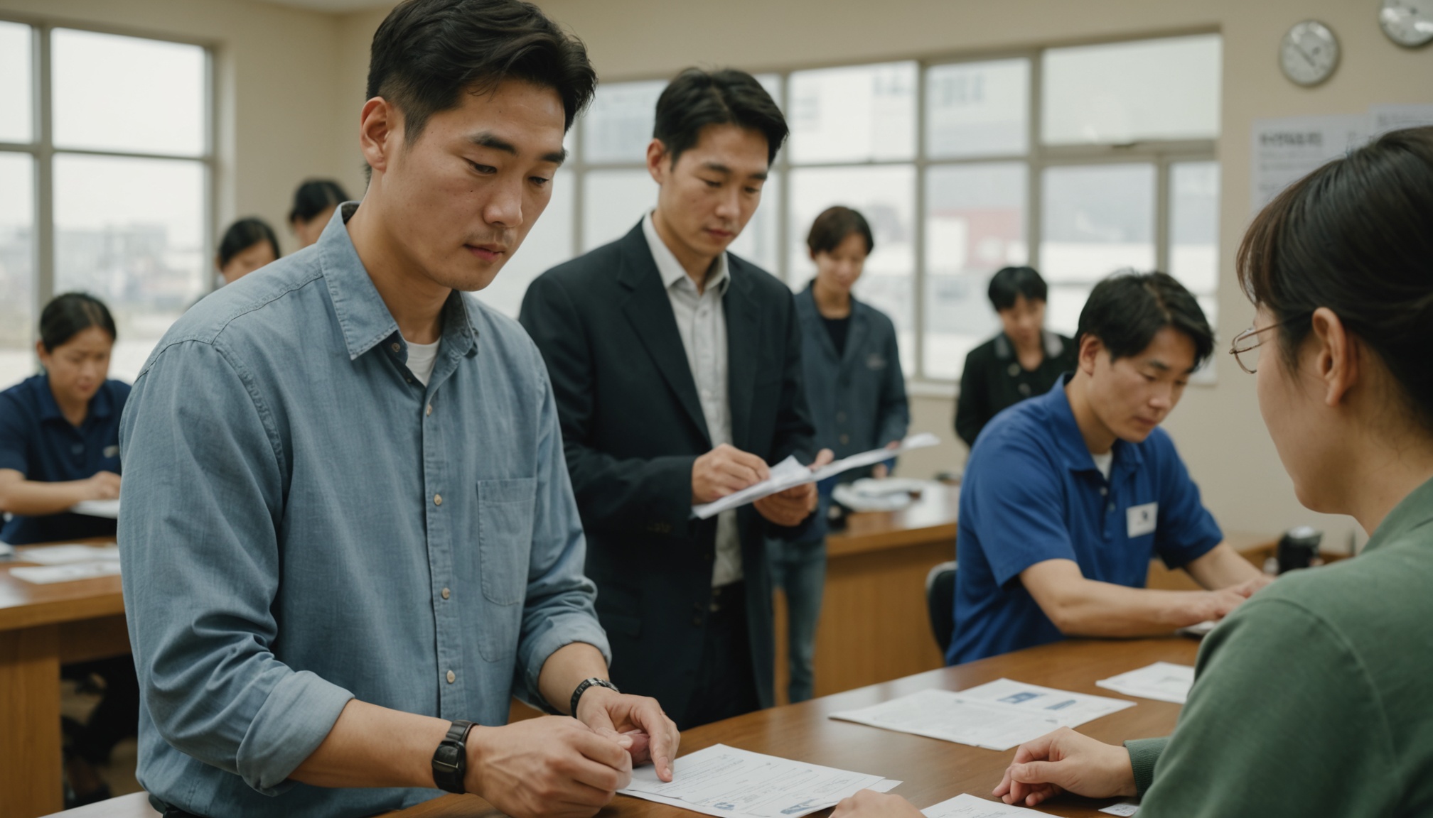 주민센터 창구에서 확정일자를 받은 서류를 돌려받는 모습