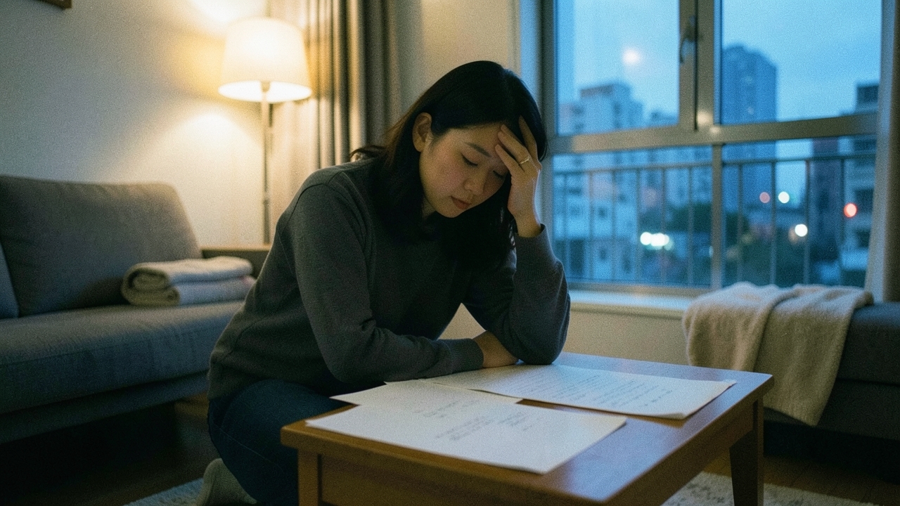 저녁 거실 낮은 상 앞에서 서류를 살펴보는 30대 한국 여성