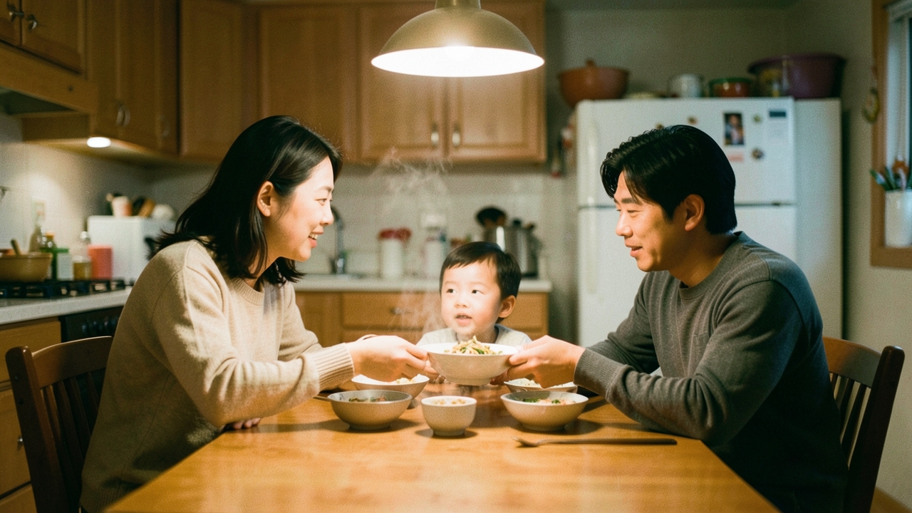 저녁 식탁에 둘러앉은 3인 가족 — 부양가족 수 산정 장면