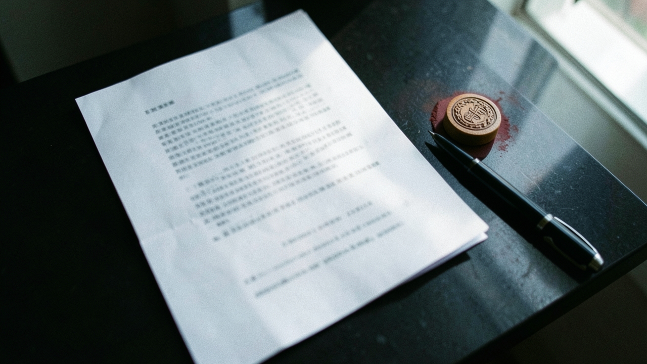 책상 위 접힌 계약 서류와 도장 클로즈업