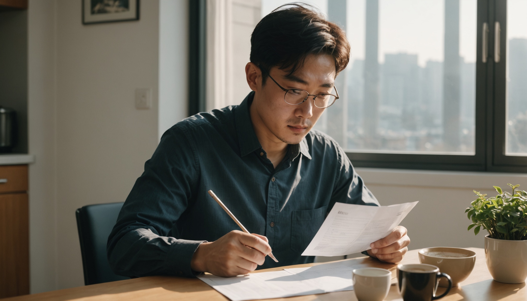 아침 식탁에서 재산세 고지서 봉투를 열어 보는 모습
